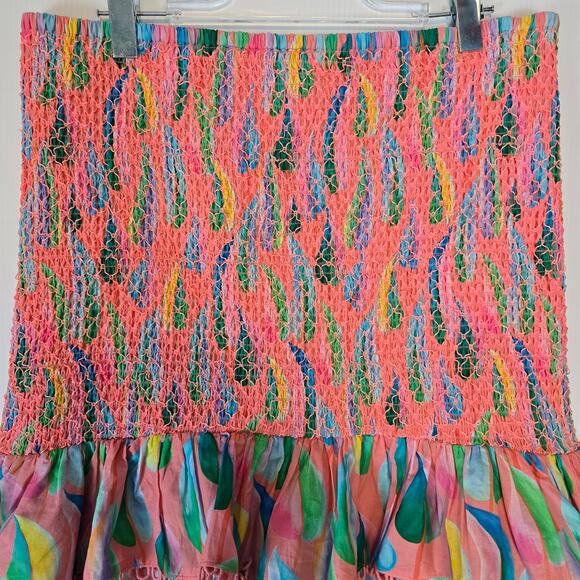 Farm Rio Anthro Smocked Mini Skirt Pink Floral Print Boho Ruffle Hem XL NWT - Picture 6 of 8